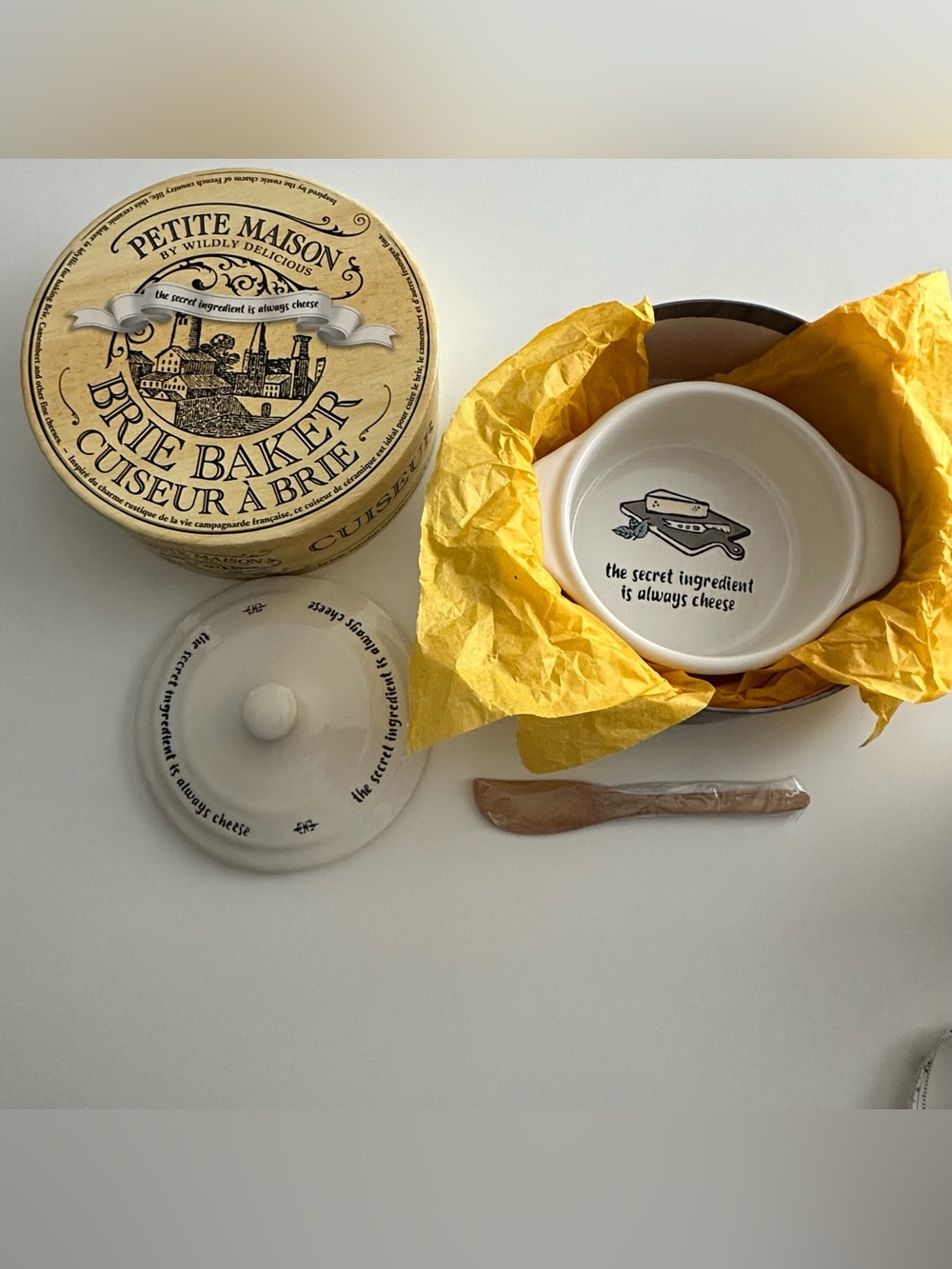 Petite Maison Yellow Cheese Baker with Ceramic Dish and Wooden Spreader